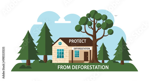 Illustration of a house in forest promoting deforestation awareness