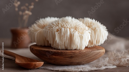 Fresh Lion's Mane mushrooms on wooden bowl with spoon