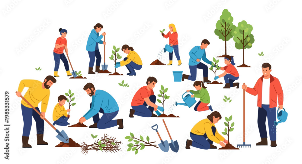 Fototapeta premium Group of People Planting Trees in a Community Garden