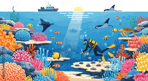 Colorful underwater scene with scuba diver and marine life