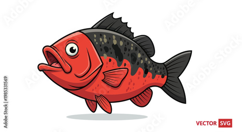 Cartoon Red Fish with Black Spots, Open Mouth, Vector Illustration