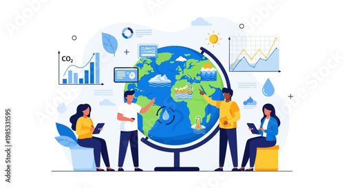 Diverse team analyzing global data with digital charts and globe