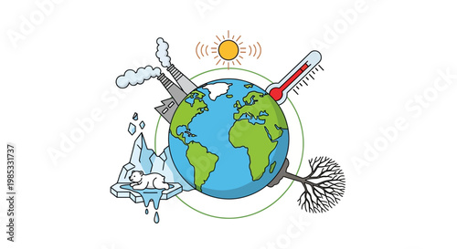 Illustration of Global Warming Effects on Earth with Polar Bear