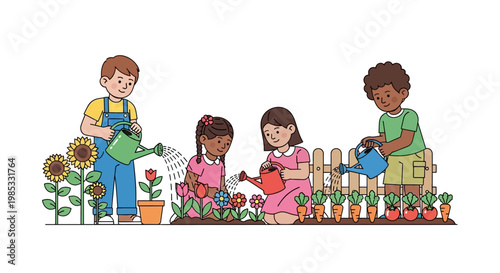 Children gardening together in a colorful vegetable and flower garden