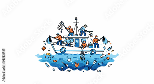 Illustration of fishermen cleaning ocean on small boat with nets