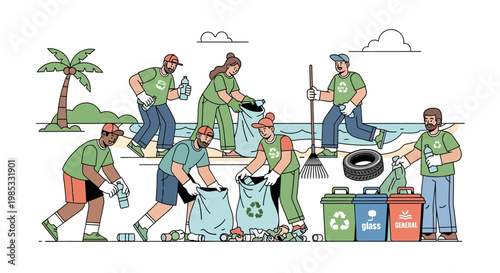 Volunteers Cleaning Beach and Collecting Trash for Recycling