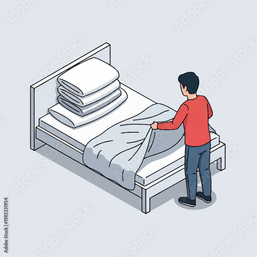 Man making a bed with sheets.