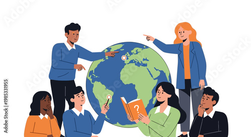 Diverse group discussing global concepts around a large globe illustration