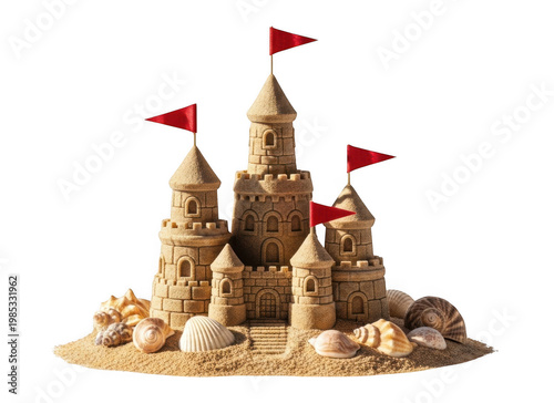 Intricate sand castle with red flags and seashells on sandy base isolated on white