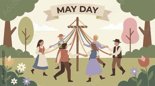 Photos May Day festival illustration with people dancing around a traditional maypole