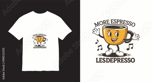 Cute coffee cup character dancing to music with the phrase more espresso less depresso.
