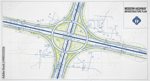 Aerial view of a complex highway interchange with multiple lanes and ramps.