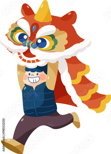 Boy Holding a Lion Dance Head