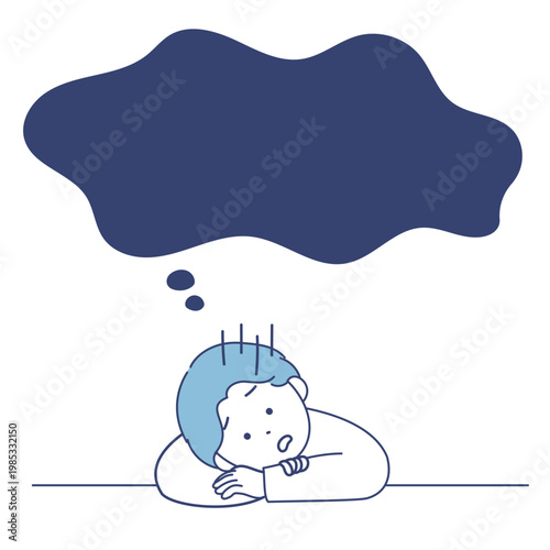 机に伏して絶望している若い男性のイラスト｜頭からは空欄の雲形の吹き出し