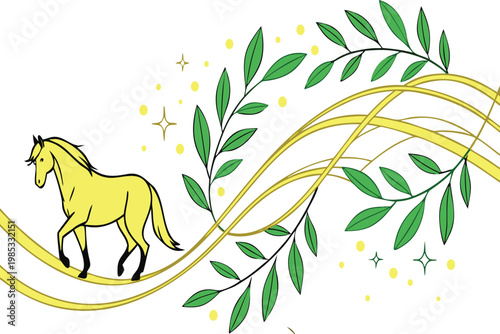 Golden Light Trail With Green Leaf Wave Elegant Vector Illustration