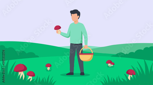 Person collecting wild mushrooms in a grassy field, nature hobby