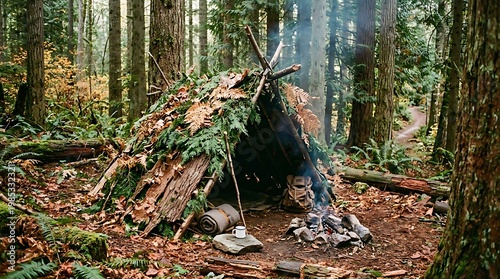 A rustic survival shelter made from natural materials stands in a lush green forest clearing with a campfire.