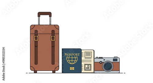 Travel Essentials: Vintage Suitcase, Passport, and Camera - Isolated on White