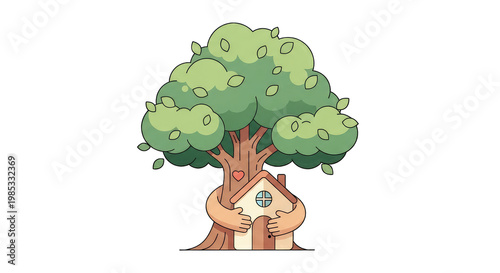 Tree Hugging House with Heart Symbol, Cozy Home Concept