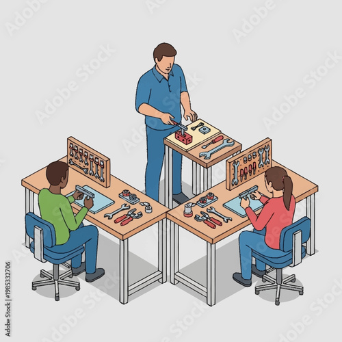 people working at industrial workbenches with tools.