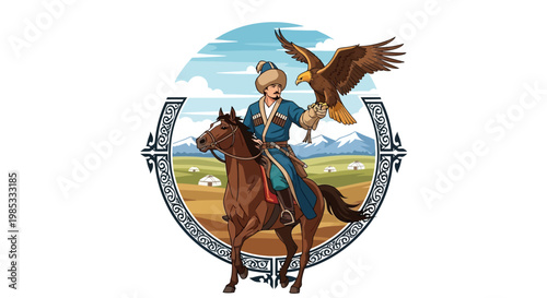 Kazakh Man on Horseback with Eagle, Traditional Culture, Central Asia