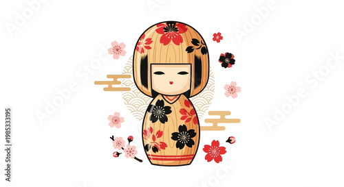 Kokeshi Doll with Cherry Blossoms - Japanese Traditional Toy