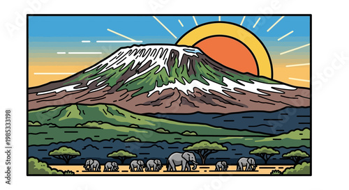 Kilimanjaro Elephants Sunrise Landscape Illustration