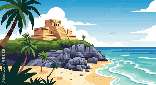 Mayan Ruins on Tropical Coastline: Ancient Architecture, Beach, Palm Trees, Ocean View