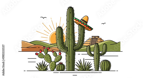 Mexican Desert Landscape with Saguaros, Pyramid, and Sombrero