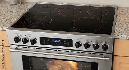 Burning gas stove in a modern kitchen with household cooking appliance setup