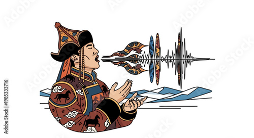 Mongolian Man Singing Overtone, Sound Wave Visualization, Traditional Costume, Nature Background