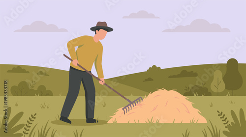 Man raking hay in a field on a farm, agricultural work in the countryside