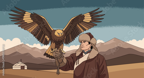 Mongolian Hunter with Golden Eagle, Traditional Falconry, Desert Landscape