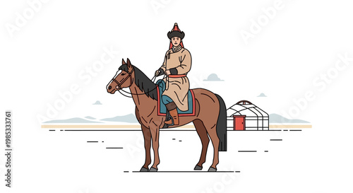Mongolian Woman on Horseback with Ger Hut in Traditional Attire