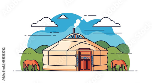 Mongolian Yurt Home with Horses Grazing on Green Hills Under Blue Sky