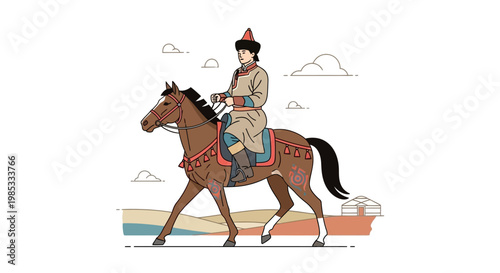 Mongolian Warrior Riding Horse Illustration