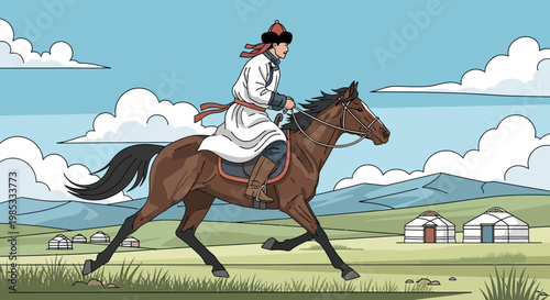 Mongolian Warrior on Horseback Riding Through Steppe with Yurts