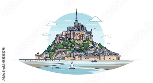 Mont Saint-Michel Aerial View Illustration, Normandy France Landmark