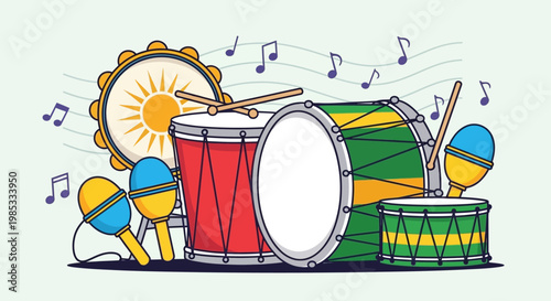 Musical Instruments: Drums, Tambourine, Maracas and Music Notes Illustration