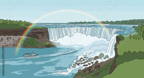 Niagara Falls Illustration with Rainbow and Boat