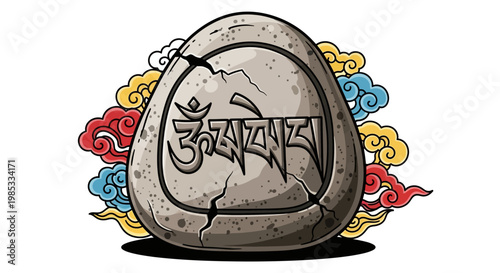 Om Mantra Stone with Colorful Clouds, Buddhism Symbol, Meditation Icon