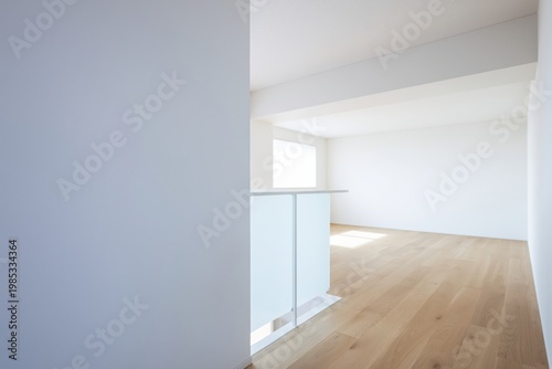 Apartment hallway displays a modern architectural design with light wood flooring and a white glass railing that leads toward an open living area filled with natural daylight.