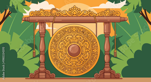 Ornate Gong on Wooden Stand, Tropical Jungle Background, Sunrise