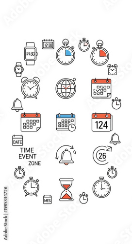 :
Creative monoline time and calendar icon set with clock watch and timer symbols isolated on white