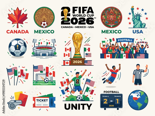 A large collection of diverse sports fans and supporters cheering with flags, banners, and various items for a football festival or World Cup event.