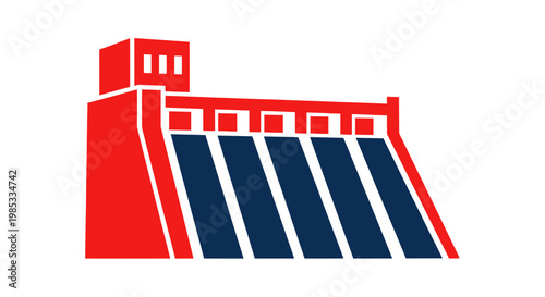 Modern Red and Blue Dam Structure Icon - Hydroelectric Power