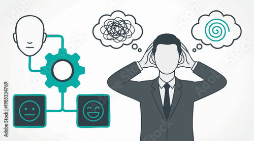 Businessman experiencing stress and clarity, problem-solving process concept