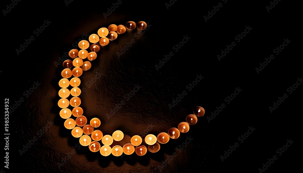 Crescent shape formed by spherical, light-brown objects on a dark, textured surface. Lighting highlights the form