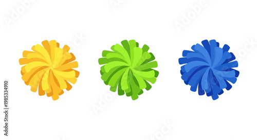 Three Colorful Pom-Poms: Yellow, Green, and Blue