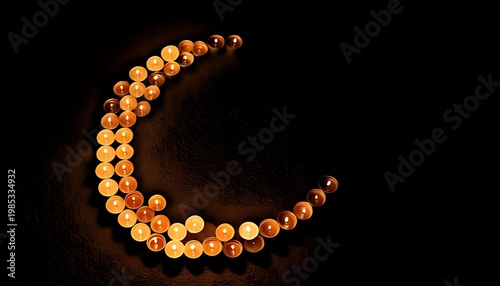 Crescent shape formed by spherical, light-brown objects on a dark, textured surface. Lighting highlights the form